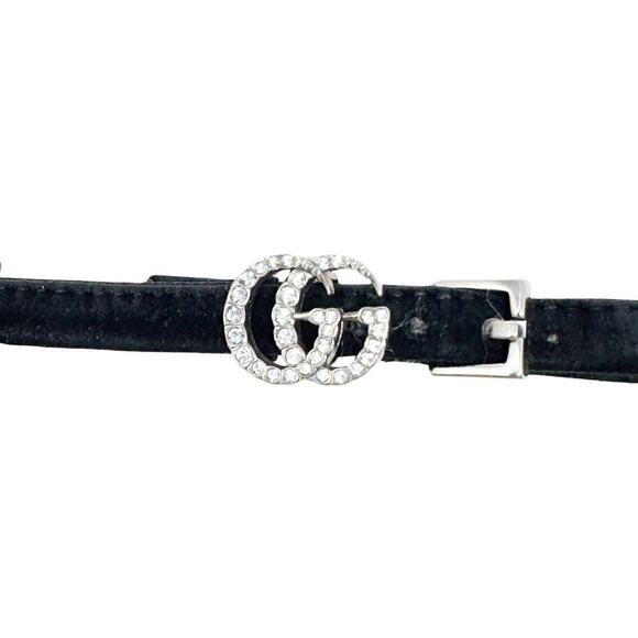 Gucci GG Logo Marmont Black Suede Heels Sandals Isle Crystal Ankle Strap EU 37.5 - Picture 2 of 11